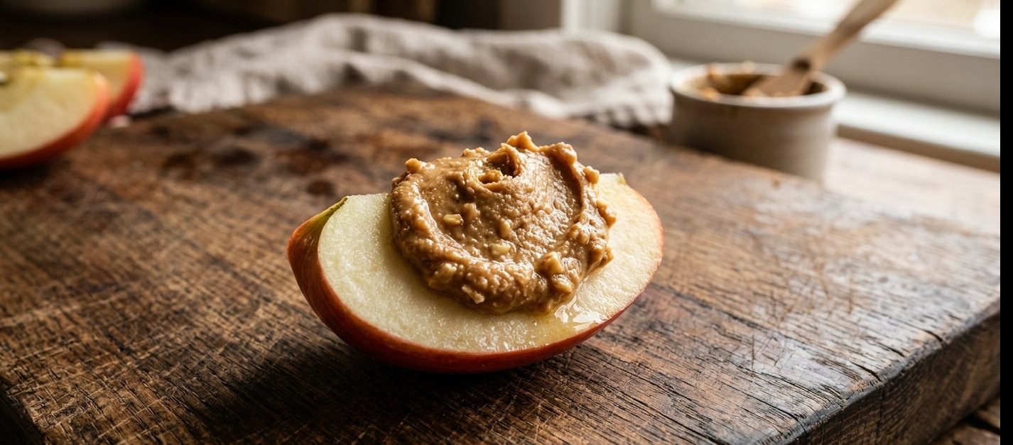 Apple slice with peanut butter on a wooden board